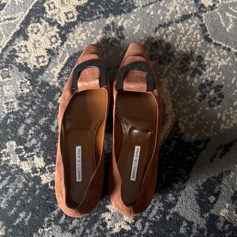 Manolo Blahnik Tan Suede Flats with Black Accent